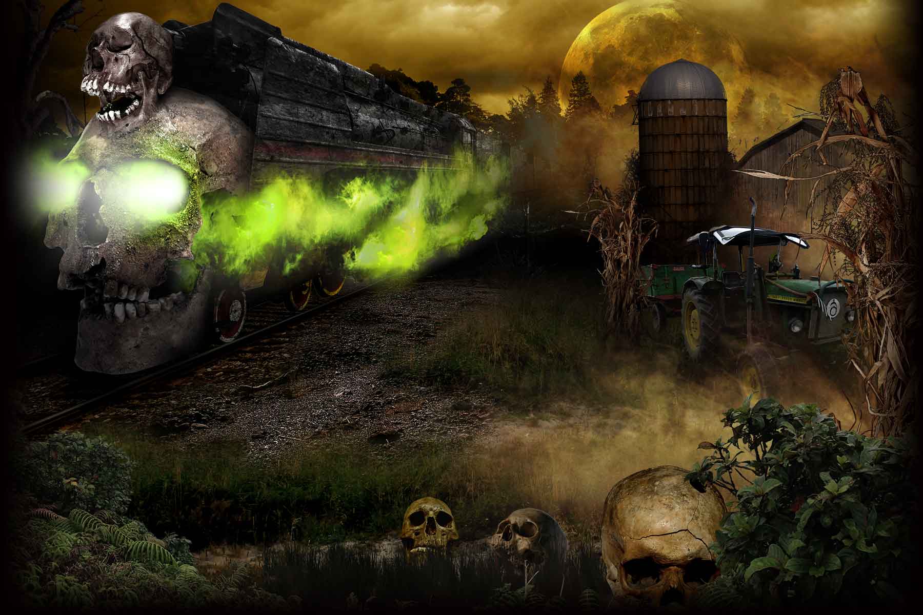Ghost train in creepy field with Skulls and Tractor at Tucson Terror in the Corn