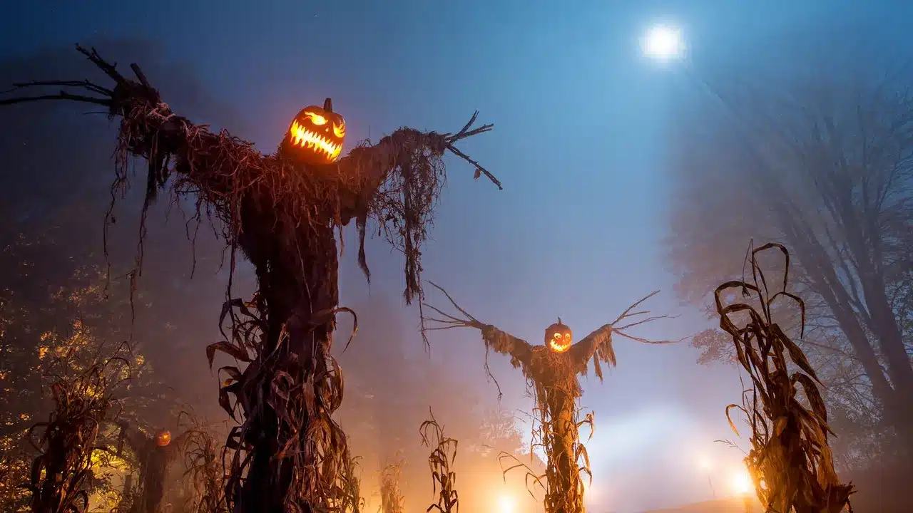 Tall Creepy Pumpkin Scarecrows in Tucson Terror in the Corn Cornfield at Night