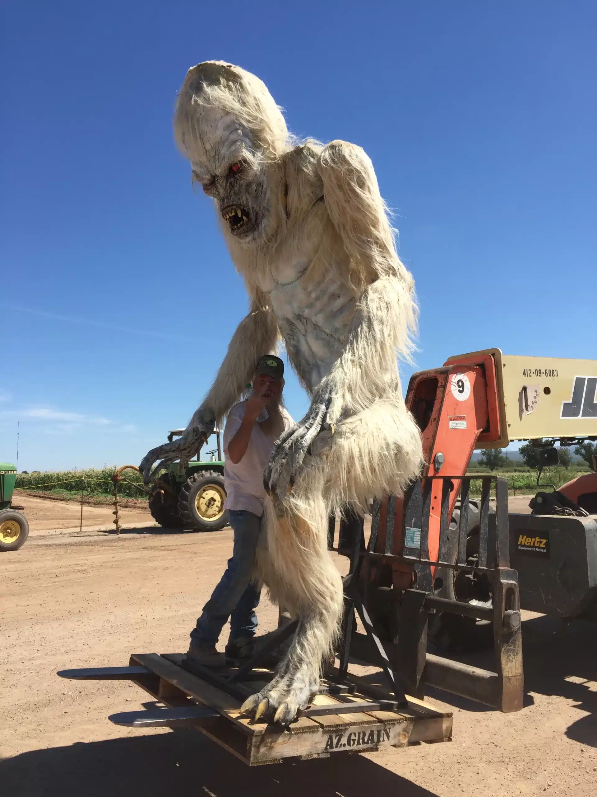 Large Yeti Statue being Moved on Tractor at Terror in the Corn