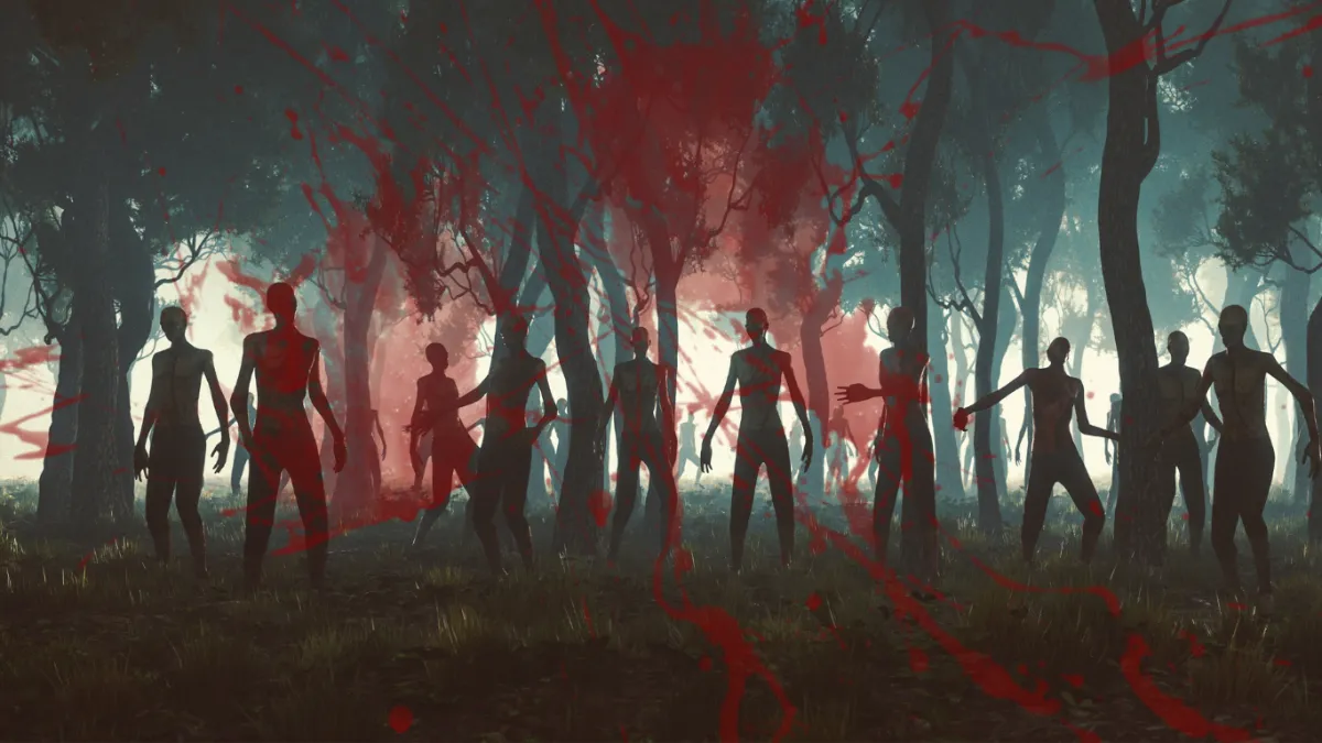 Crowd of Zombie People Standing in the Forest with Blood