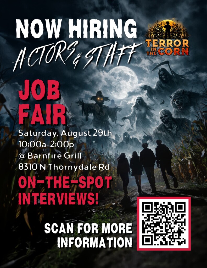 Dark horror-themed poster announcing 'NOW HIRING ACTORS & STAFF' with silhouettes, a full moon, and a QR code in the corner.