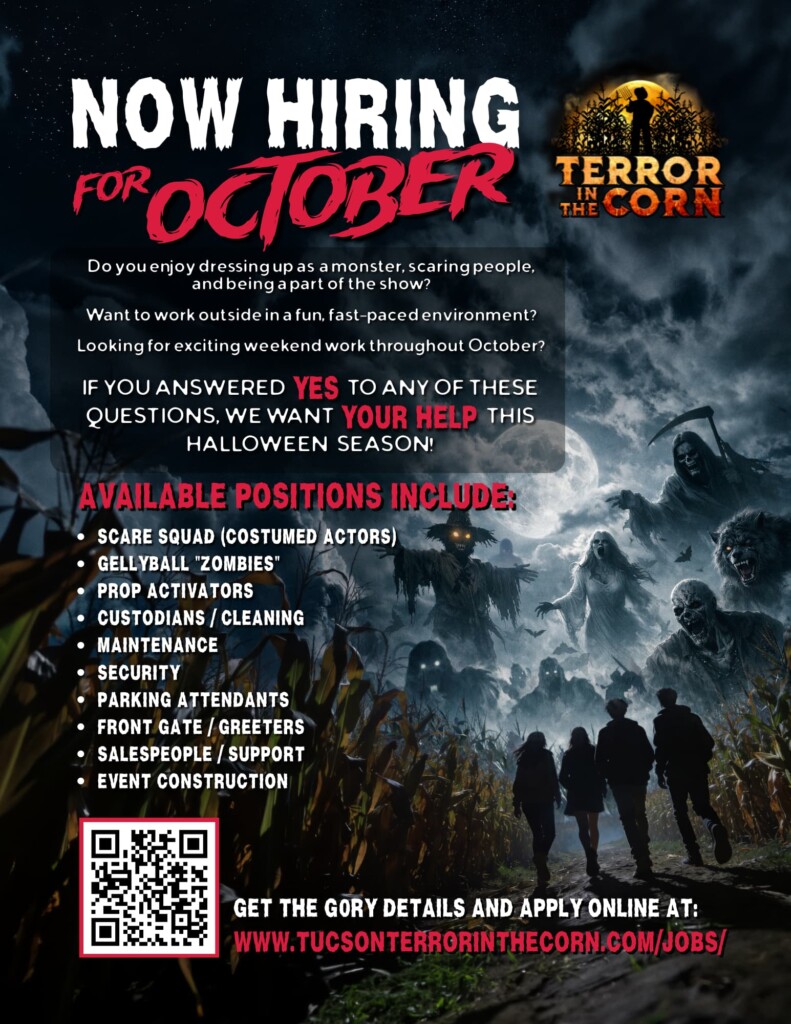 Halloween-themed job poster: silhouettes of zombies and text about now hiring for October, with a QR code bottom-left and the website link bottom-right (Tucson Terror in the Corn).