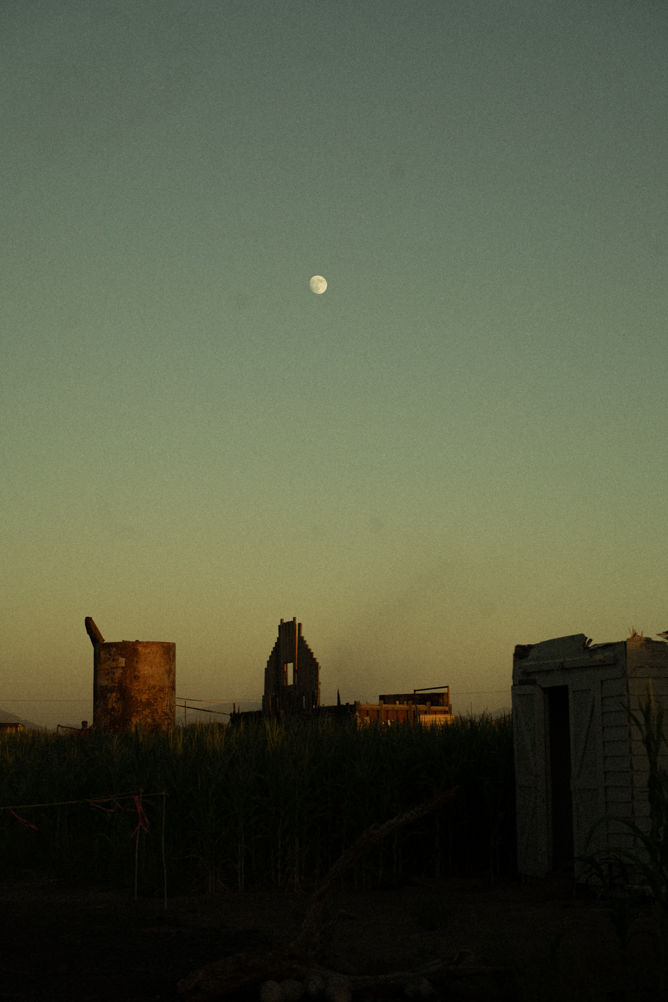 Moon above a desolate field with dilapidated structures and tall grass at dusk/sunset in a muted sky.